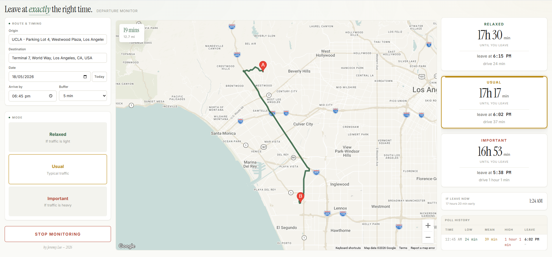 The Leave Time Optimizer dashboard monitoring a UCLA to LAX Terminal 7 trip for a 6:45 PM arrival, showing three side-by-side countdowns: Relaxed leaving at 6:15 PM, Usual at 6:02 PM, and Important at 5:38 PM.