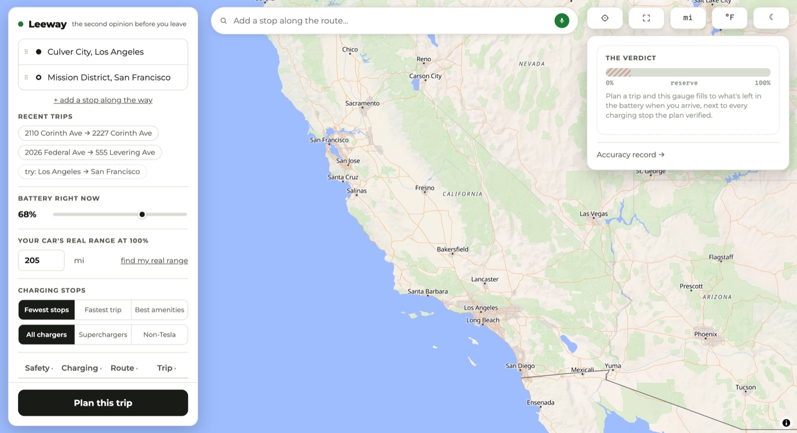 The Leeway main screen: a planning panel on the left over a full-screen map, with an empty verdict card on the right.