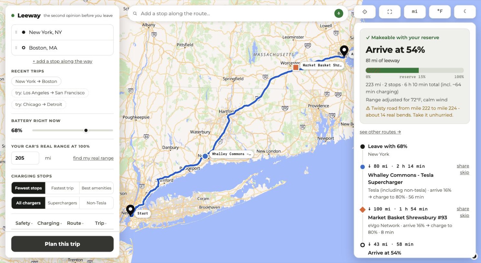 A planned route from New York to Boston through Connecticut and Massachusetts, arriving at 54 percent, with a Tesla Supercharger and an EVgo stop marked on the map.
