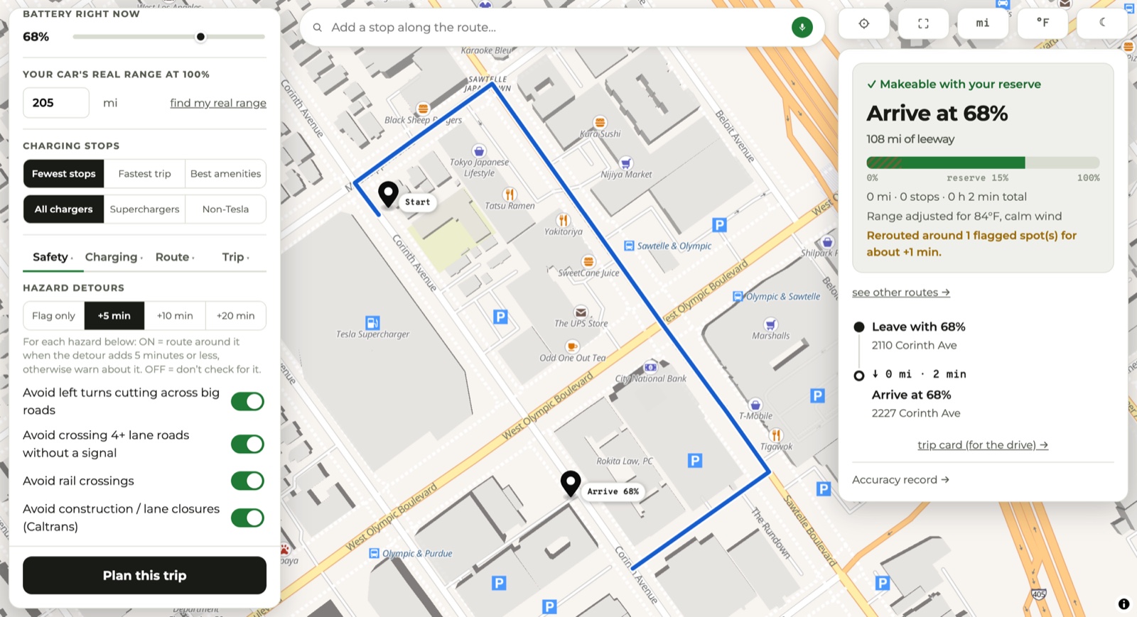 A two-minute neighborhood route drawn as a rectangle around a block, avoiding a crossing of West Olympic Boulevard, with the verdict card reading rerouted around 1 flagged spot for about +1 min.