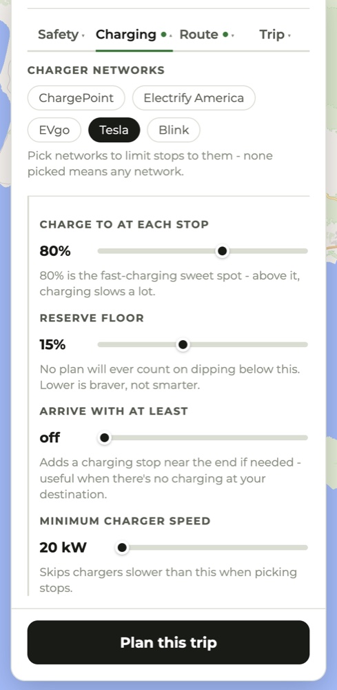 The Charging tab with charger network chips, charge-to percentage, reserve floor, arrive-with-at-least, and minimum charger speed.