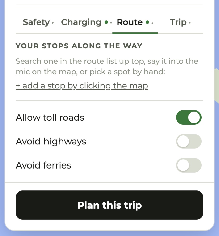 The Route tab with stops along the way and toggles for toll roads, highways and ferries.