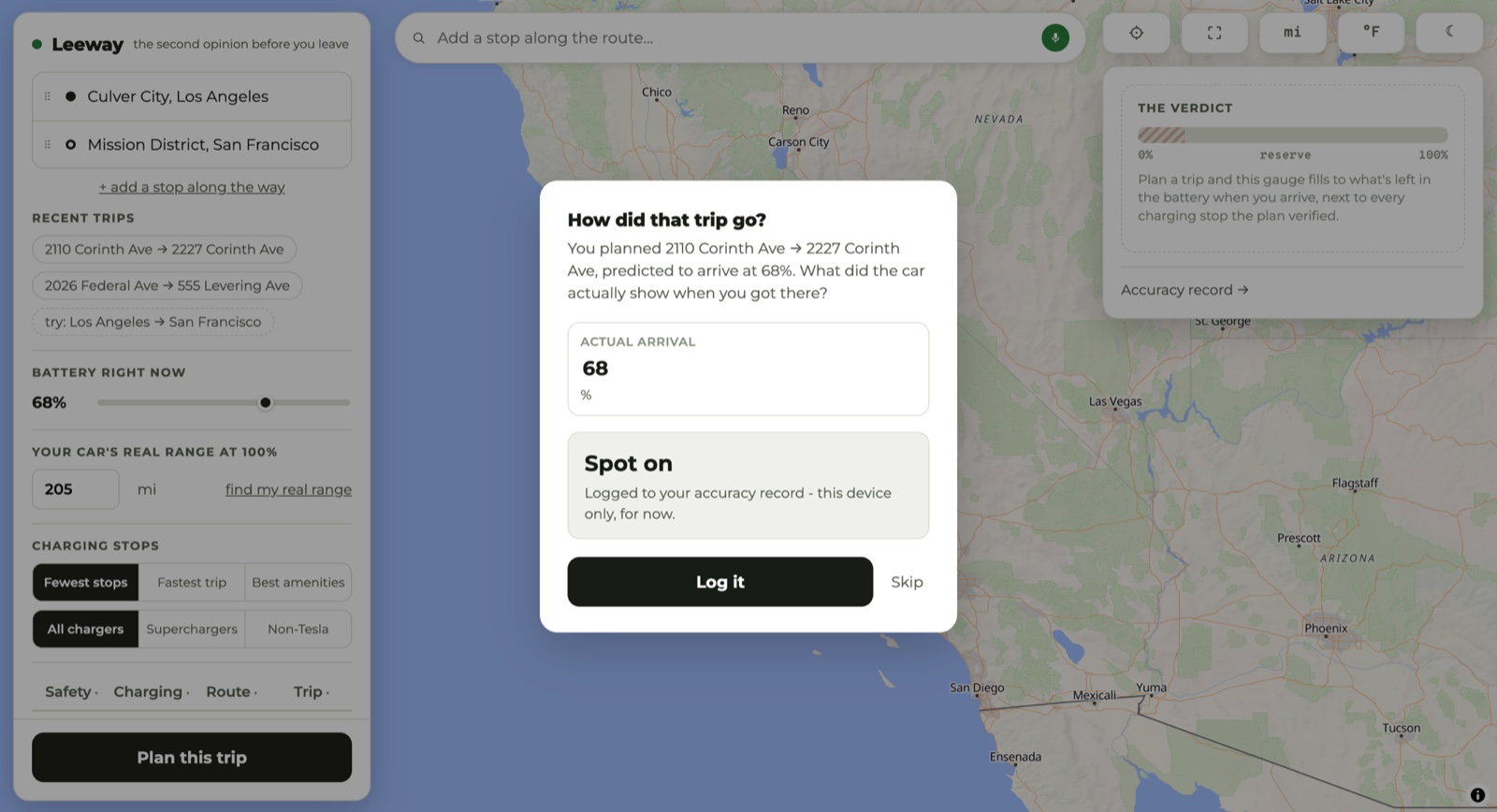 A dialog asking How did that trip go, showing the predicted arrival and a field for the actual arrival percentage, with the verdict Spot on.