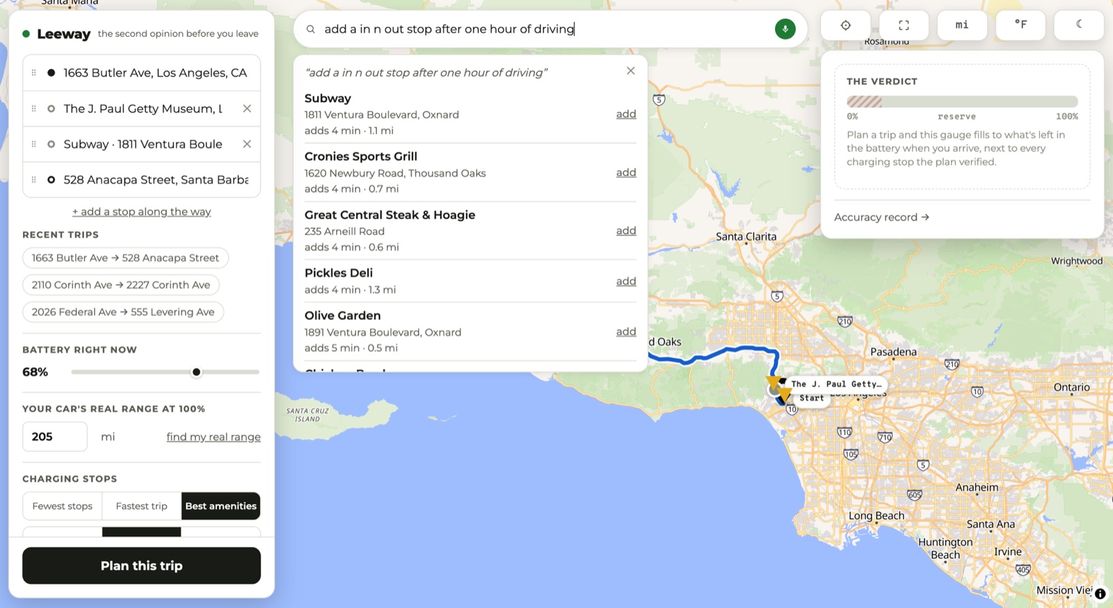 The search bar with the phrase add a in n out stop after one hour of driving, and a results list of nearby places each showing how many minutes and miles it would add.